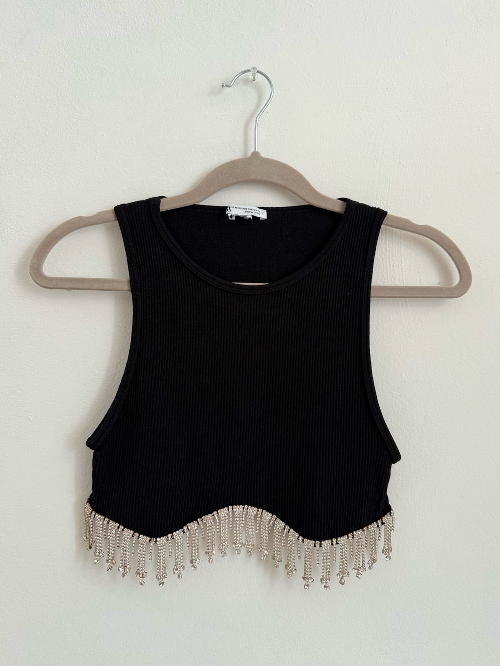 Black Ribbed Rhinestone Crop Top